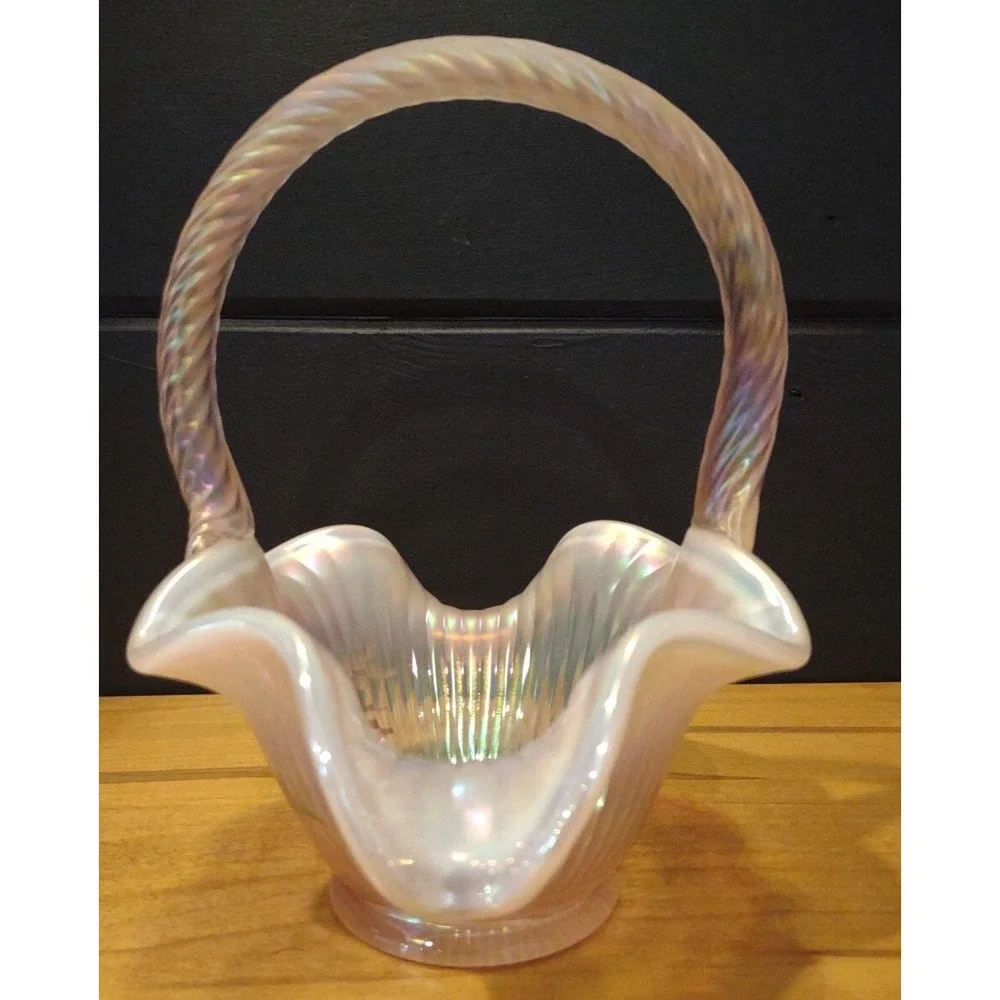 Fenton Iridescent Pink Butterfly & Daisy‎ Hand Painted Ruffed Basket